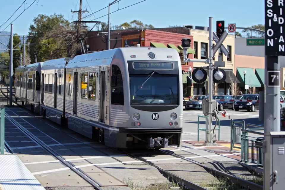 A Gold Line AnsaldoBreda P2550 train enters Mission Station in South Pasadena on February 25, 2012.